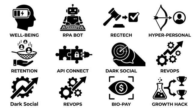 vector icons epresenting various business and technology concepts such as well-being, RPA bot, regtech, hyper-personal, retention, API connect, dark social, revops, bio-pay, and growth hack.