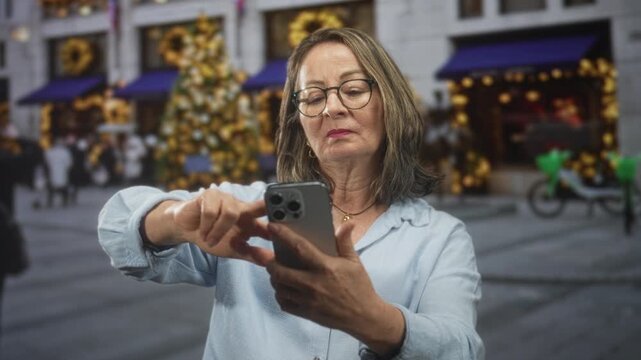 Hispanic senior woman tapping smartphone with finger in front of decorated storefront and christmas tree on street; concentration.