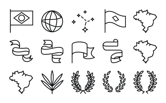 Collection of 15 elegant thin line icons featuring brazilian symbols and flags
