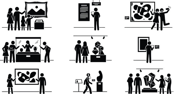 Museum and art gallery exhibition stick figure icons set