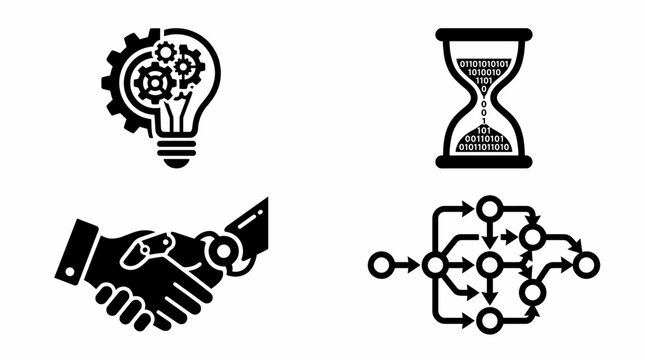 A set of four vector icons depicting business and technology concepts, including a lightbulb with gears, an hourglass with binary code, a robotic handshake, and a flowchart diagram.