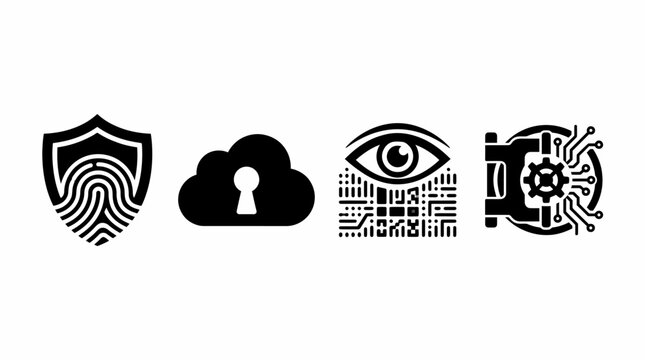 set of four black vector icons on a white background, representing security and technology concepts. The icons include a shield with a fingerprint, a cloud with a keyhole, an eye with a QR code