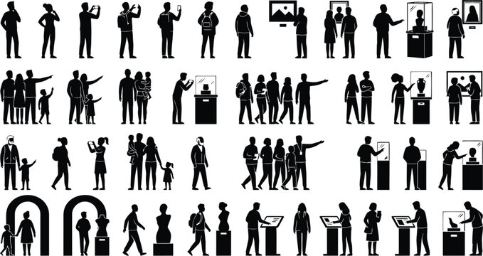 Black silhouettes of people in various poses and settings