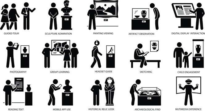 Black silhouettes of people visiting museum and looking at exhibits