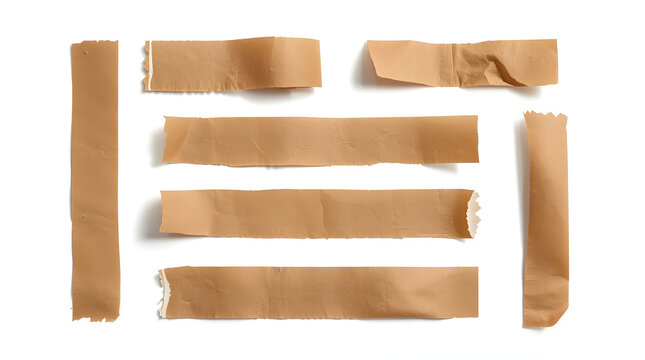 collection of eight pieces of brown adhesive tape arranged on a plain white background. The tape strips vary in length and width, with some pieces appearing crumpled or folded, while others are flat a