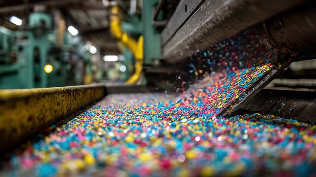 Colorful plastic granules production. Concept of plastic processing, recycling, polymer industry