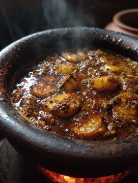 Ethiopian Siljo Stew Bubbling in Traditional Clay Pot with False Banana Spices