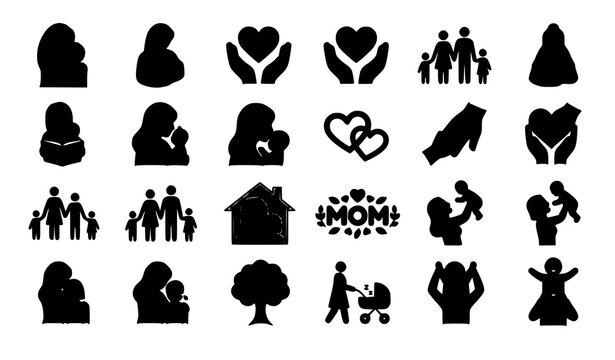  Vector black silhouette elements featuring motherhood parental love family care childhood protection and pregnancy icons on white background