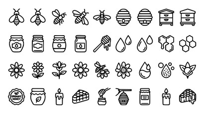 Naklejka premium Natural honey production outline icons collection featuring bees combs wax jars dripping spoon and flowers on white background