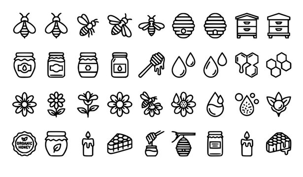 Natural honey production outline icons collection featuring bees combs wax jars dripping spoon and flowers on white background