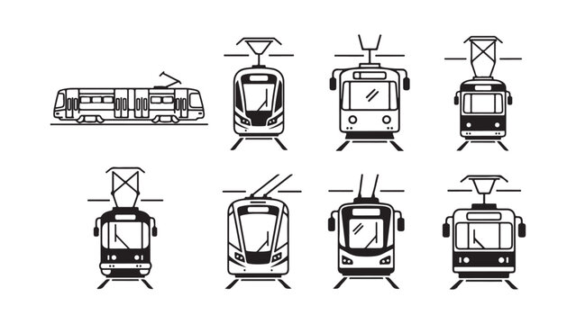 Various modern trams and trolleybuses front view icons design collection