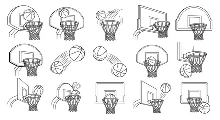 Basketball Hoop and Ball Icon Set with Slam Dunk Sports Symbols for Training, Competition, Athletic Branding, and Game Design Projects © MDSOBUJ