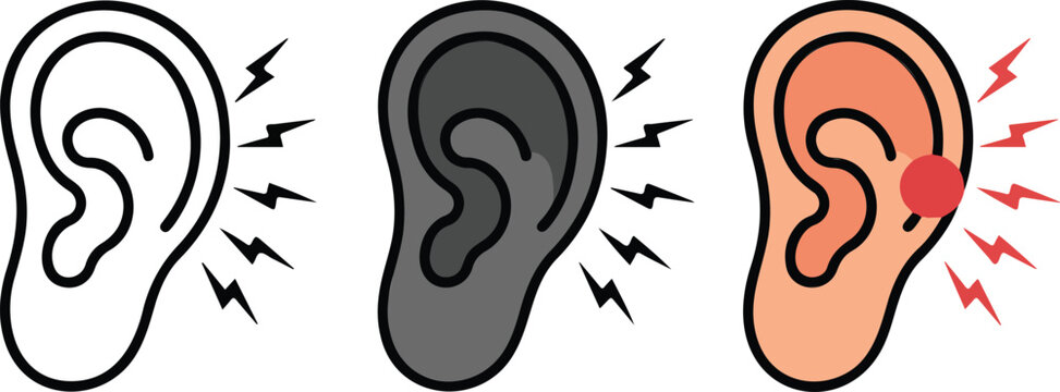 Medical illustration set of human ears with lightning bolts showing earache pain hearing damage or tinnitus symptoms