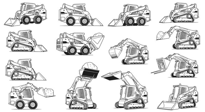 Construction Skid Steer Loader and Excavator Icon Set with Heavy Equipment Machinery Symbols for Industrial and Engineering Designs