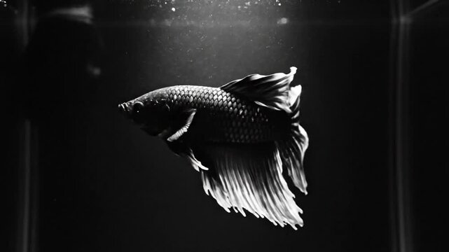 Graceful black and white betta fish swims calmly in a dark aquarium with stunning details