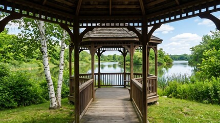 Obraz premium Wooden Gazebo Overlooking Serene Lake in Lush Green Park