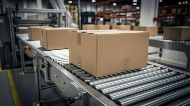 A conveyor belt transports cardboard boxes in a warehouse, showcasing efficient logistics and packaging operations in a modern industrial setting.
