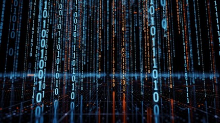 Naklejka premium A digital representation of cascading binary code, creating a futuristic and abstract background with glowing numbers.