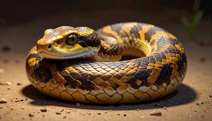 Fototapeta premium Coiled venomous snake on ground.