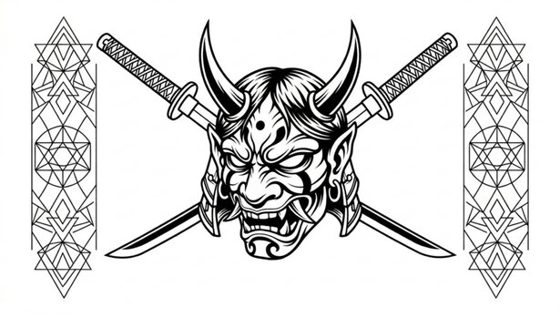 Minimal demon oni mask line art with crossed katana and sacred geometry vector
