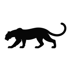 Fototapeta premium Black panther silhouette on white background, stalking leopard profile icon, minimalist wild cat graphic, predatory jaguar hunting pose