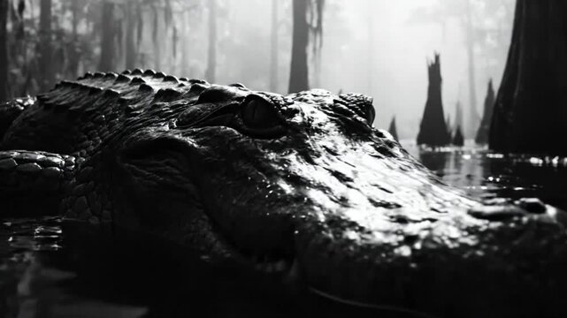 Black and White Close Up of Alligator in Swampy Waters Surrounded by Bare Trees, Foggy Atmospheric Cinematic Shot