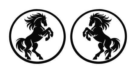 Stallion horse silhouette logo set, rearing black mustang in circular frame vector, majestic equine animal emblem for equestrian sports branding © Asma