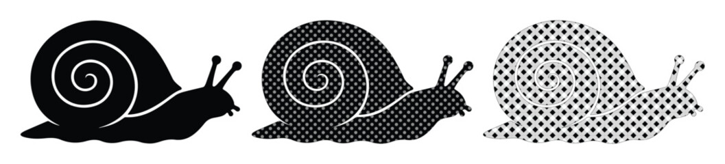 Snail silhouette vector set, black gastropod icons with halftone patterns, 3 garden mollusk elements for nature logos and slow movement concepts © Asma