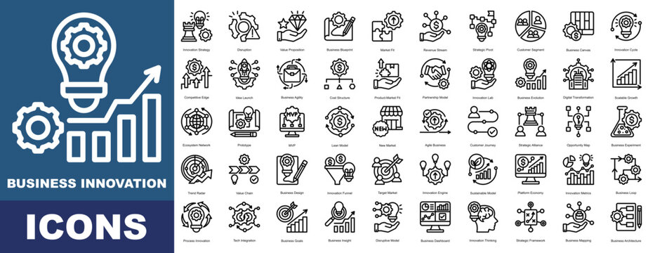 Business Innovation icon pack collection set for business management. With Innovation, Blueprint, Value, Revenue, Customers, Pivot, Canvas, Disruption, Market Fit, Cycle, Edge, Launch, Agility