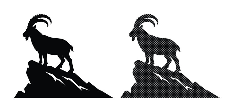 Mountain ibex silhouette on rocky peak, wild goat standing on cliff edge vector, alpine animal nature logo set for outdoor branding