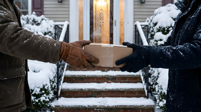 Delivery person hands package to recipient in snowy weather outside home with front door delivery recipient doorstep greeting