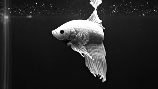 Graceful White Betta Fish Gliding in Tank Water Depicting Serenity and Aquatic Beauty