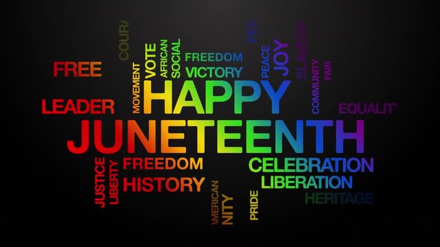 Happy juneteenth concept Animated Tag Word Cloud kinetic typography, Text Design Animation typography seamless loop video motion graphics Intro Wordart arrangement rainbow type on black background bg