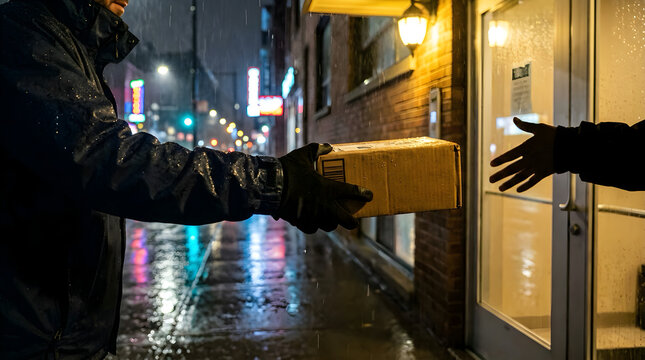 Nighttime delivery during rain person receiving package at doorway delivery nighttime recipient building cardboard logistics