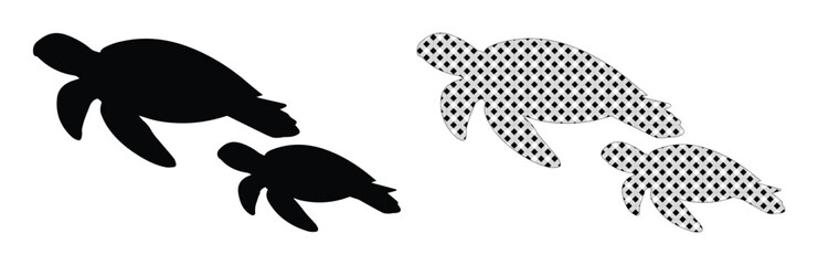 Sea turtle silhouette vector set, black aquatic animal icons, swimming marine turtle shapes with halftone pattern texture, ocean life graphics © Asma