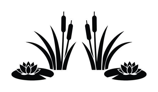 Minimalist black cattail silhouette vector, pond water lily and bulrush reed illustration, lake vegetation icons for nature landscape design