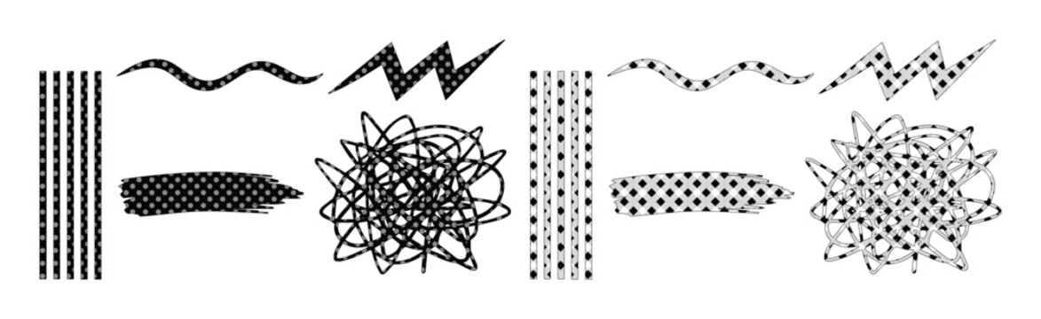 Hand drawn halftone brush strokes and scribble set, black ink texture elements, 10 vector graphic design assets for comic and pop art styles