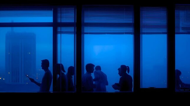 Silhouetted business people networking high rise office with blue window light and evening city skyline, silhouetted group meeting by large windows dusk with contemplative corporate atmosphere