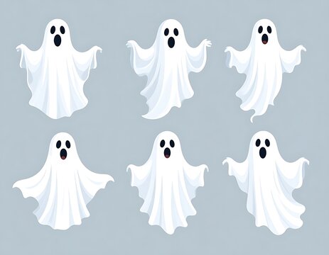 A group of white ghosts with black eyes on gray background