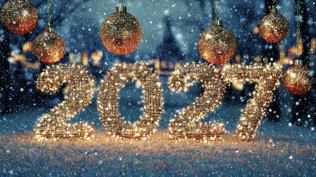 Illuminated numbers denoting a future year rest on snowy ground beneath hanging glittering ornaments in a winter scene