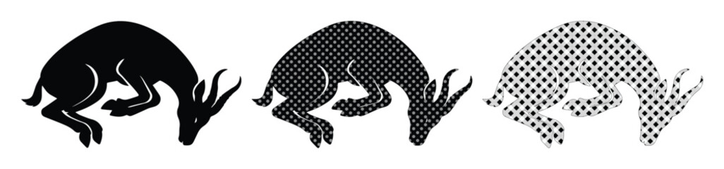 Minimalist antelope silhouette vector set, black gazelle icons with halftone patterns, jumping impala wildlife graphics for logo design © Asma