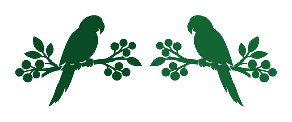 Green parrot silhouette vector, tropical bird sitting on tree branch with leaves and berries, exotic macaw nature illustration for logo design © Asma