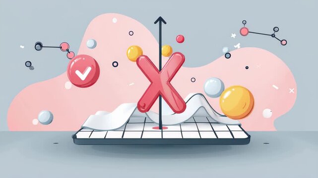 Abstract Financial Data Analysis with Red X Symbol against Pink Waves and Blue Background