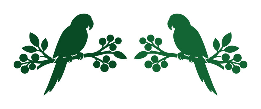 Green parrot silhouette vector, tropical bird sitting on tree branch with leaves and berries, exotic macaw nature illustration for logo design