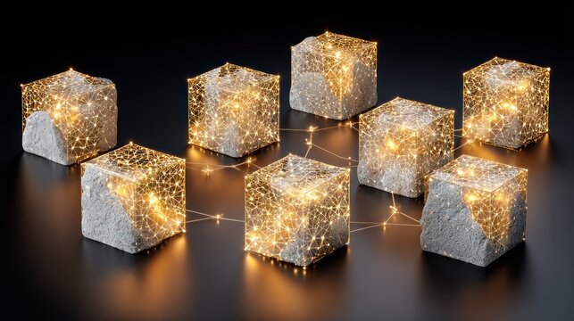 Illuminated digital network structures emerge from rough stone cubes against a dark background.