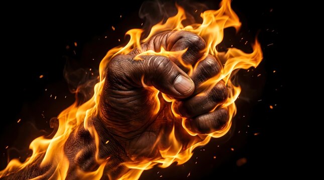 A powerful, gnarled human fist engulfed in vibrant, dynamic flames and sparks against a stark black background, symbolizing strength, determination, and intense energy.