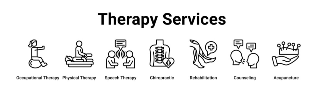 Therapy Services web banner icon vector illustration concept for medical with icon of Occupational Therapy, Physical Therapy, Speech Therapy, Chiropractic, Rehabilitation.