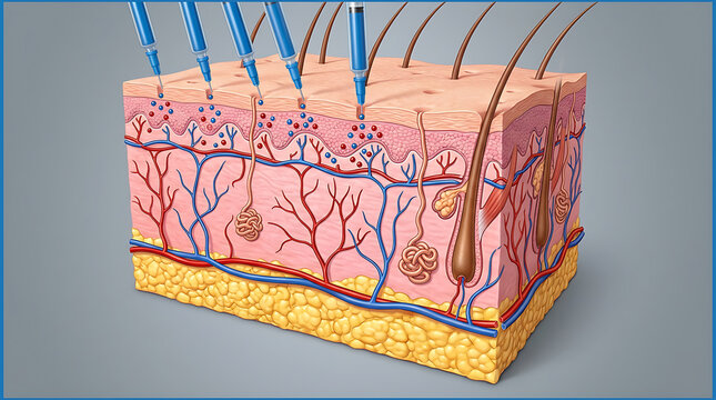 Medical illustration of human skin cross section with syringes injecting nutrients into the dermis for hair growth and rejuvenation - 3d illustration