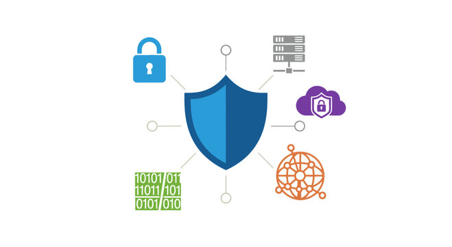 Digital Security Concept: Shield, Lock, Cloud, Server, Binary Code