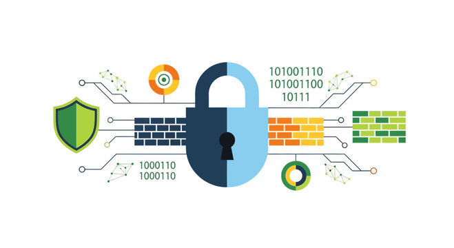 Digital Security Concept: Padlock, Shield, Firewall, Binary Code